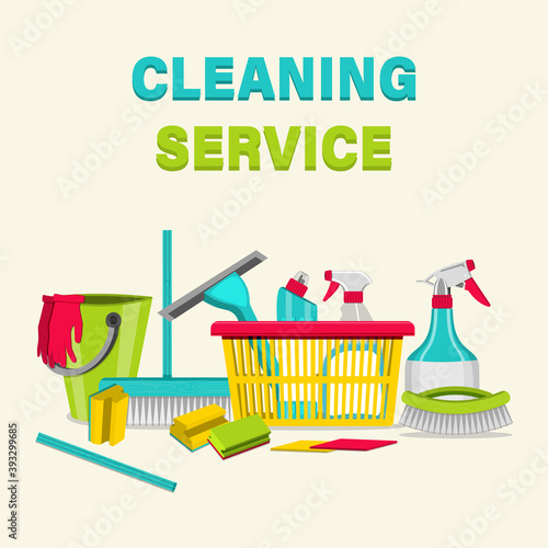 Household items for cleaning. House cleaning service for apartments, residential homes and commercial buildings. vector illustration.