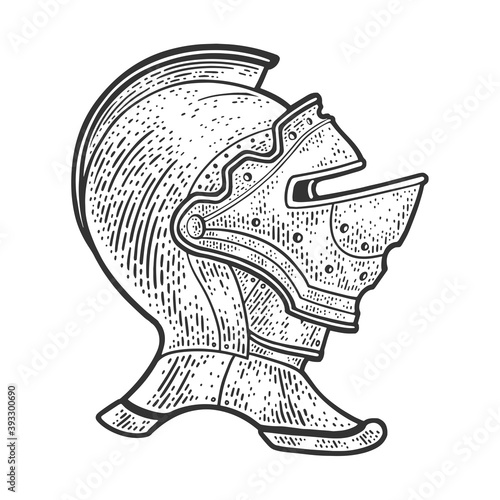knight helmet sketch engraving vector illustration. T-shirt apparel print design. Scratch board imitation. Black and white hand drawn image.