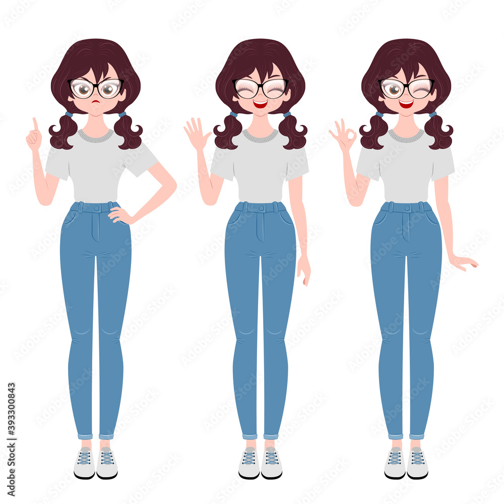 Young woman character with different gestures isolated on white background Young woman character with different gestures isolated on white background
