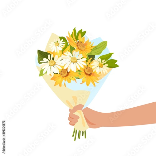 Person giving flowers bouquet. Romance and gift concept. Vector