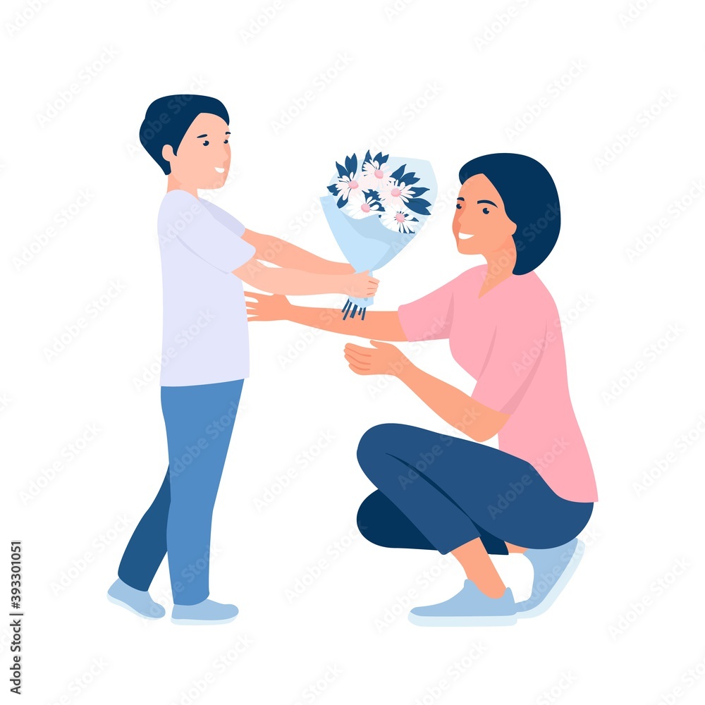 Obraz premium Giving flowers to mom. Mother day concept. Vector