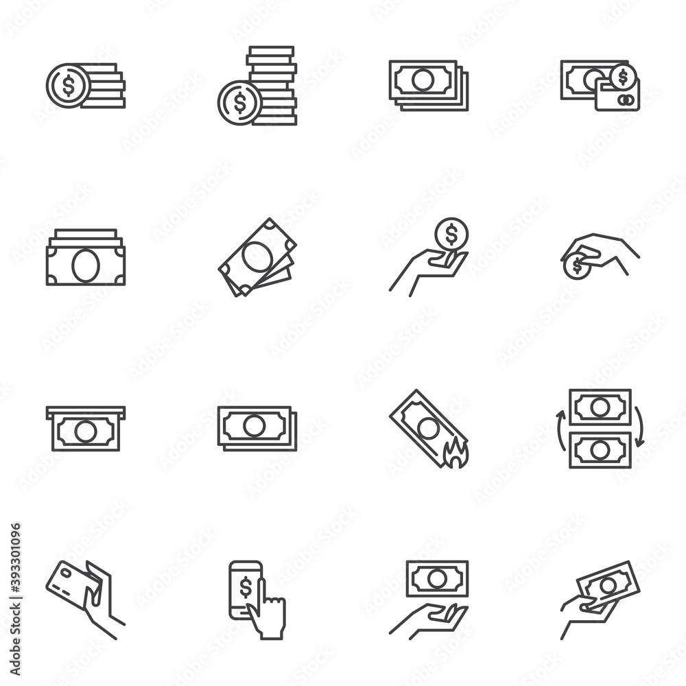 Money and finance line icons set, outline vector symbol collection, linear style pictogram pack. Signs logo illustration. Set includes icons as dollar money currency, stacked coins, exchange, pay, buy