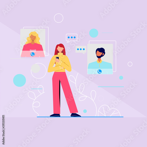 Woman with a smartphone in her hand. Call concept, online communication by phone. Vector illustration