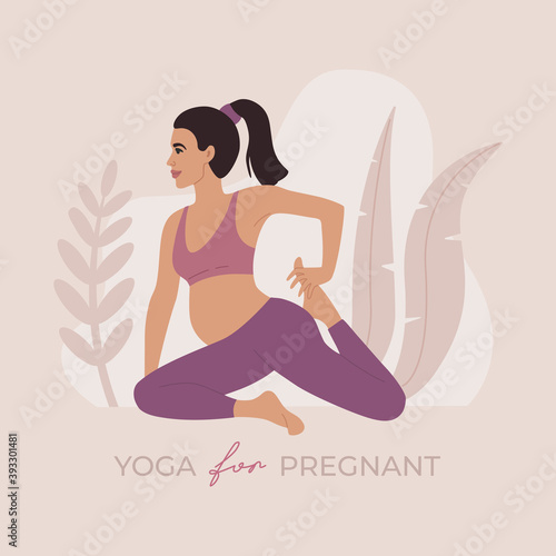Pregnant woman doing yoga, young healthy girl performing physical exercise, relaxes and meditates. Hand drawn illustration in modern flat cartoon style, pink and violet pastel colors, isolated.