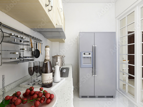 Modern family kitchen design, new cabinets and kitchenware with refrigerators, sunlight from the window.