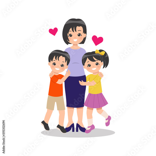 Young single parent mother with her children. Boy and girl embrace their mom with love. Happy mother's day