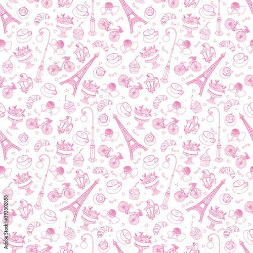 Vector Eifel Tower Paris Love Pink Purple Drawing Seamless Pattern with romantic hearts. Perfect for travel themed designs products, bags, accessories, luggage, clothing
