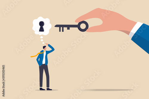 Business support or help to solve problem, clear and unblock work obstacle or key to unlock business idea concept, businessman thinking with idea as a keyhole with helping hand holding the success key