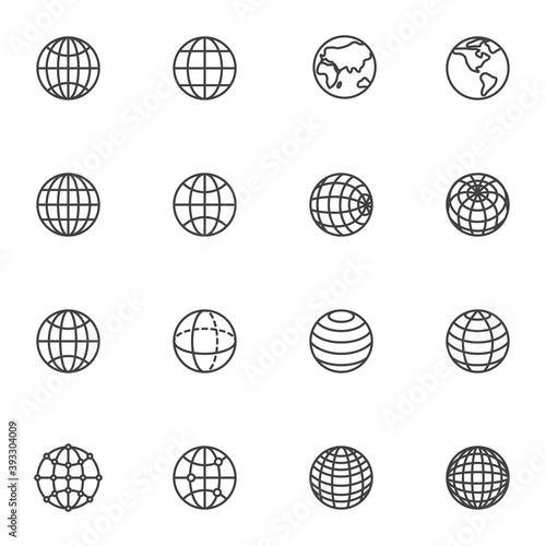 Globe grid line icons set, outline vector symbol collection, linear style pictogram pack. Signs, logo illustration. Set includes icons as global network connection, geography earth globe planet