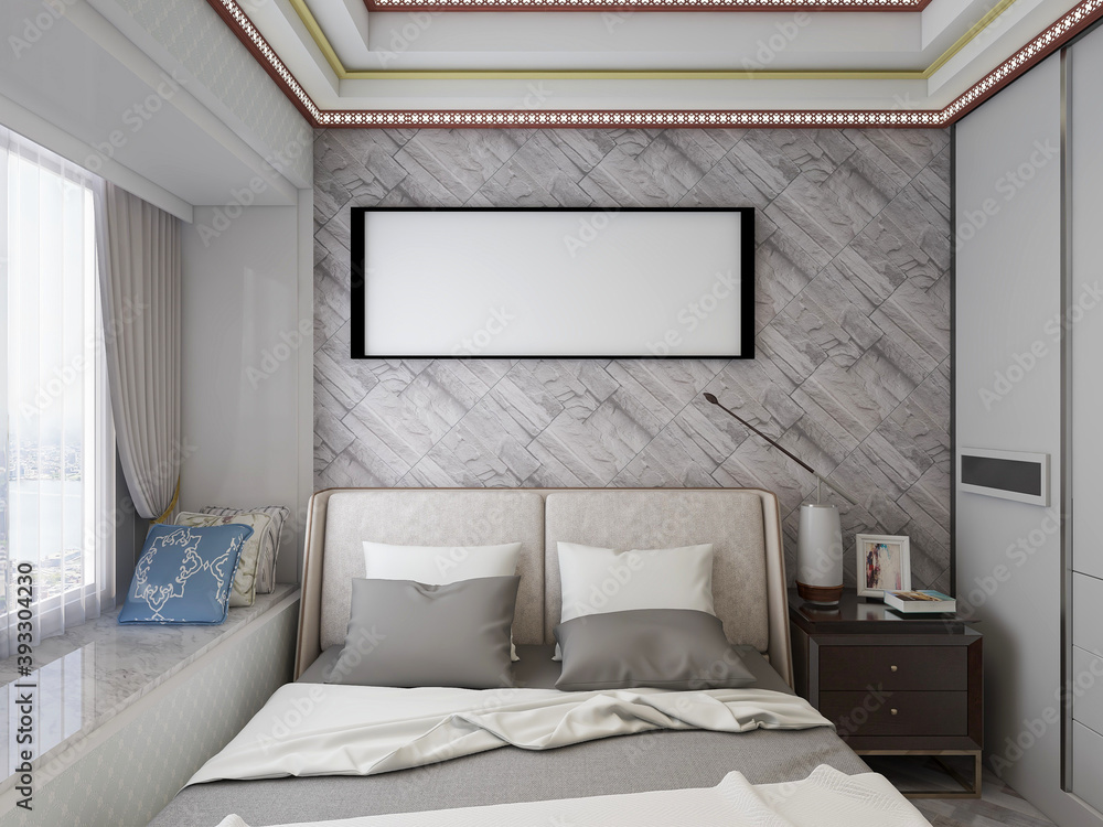 Fototapeta premium elegant and modern bedroom design, big bed with overcoat cabinet,