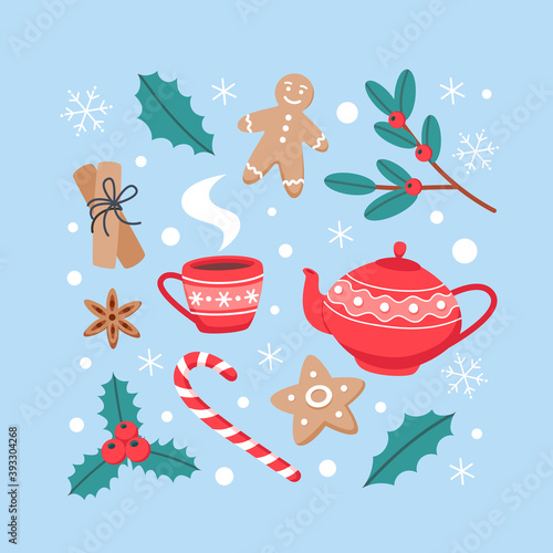 Collection of Christmas elements, baking and hot drink, vector illustration in flat style