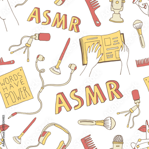 ASMR concept seamless pattern. Cartoon background with ASMR triggers and equipment for recording relaxing sounds. Vector illustration in a doodle style with hand drawn lettering. Perfect for wrapping