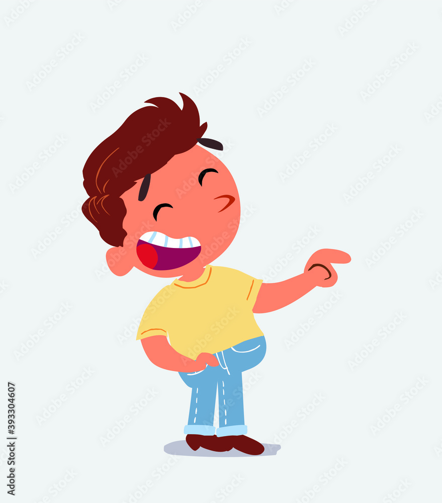 cartoon character of little boy on jeans points to his side while laughing