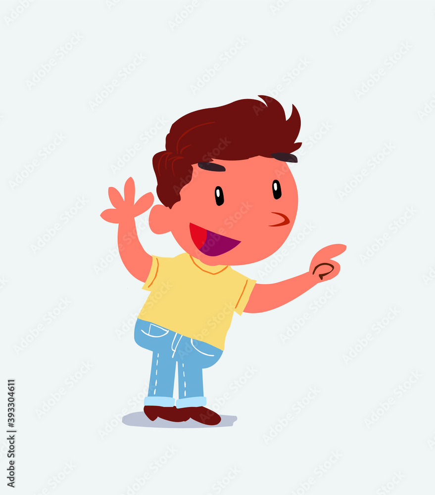 cartoon character of little boy on jeans pointing while arguing. cartoon character of little boy on jeans pointing while arguing.