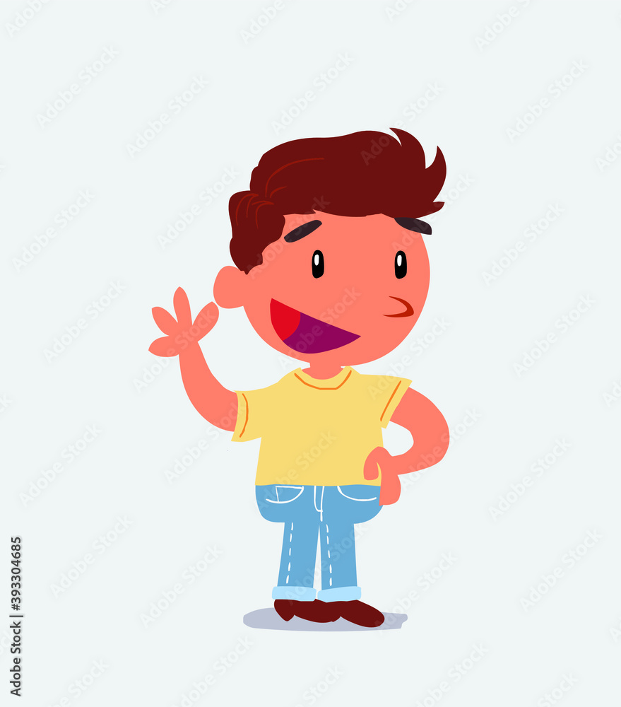  cartoon character of little boy on jeans waving happily