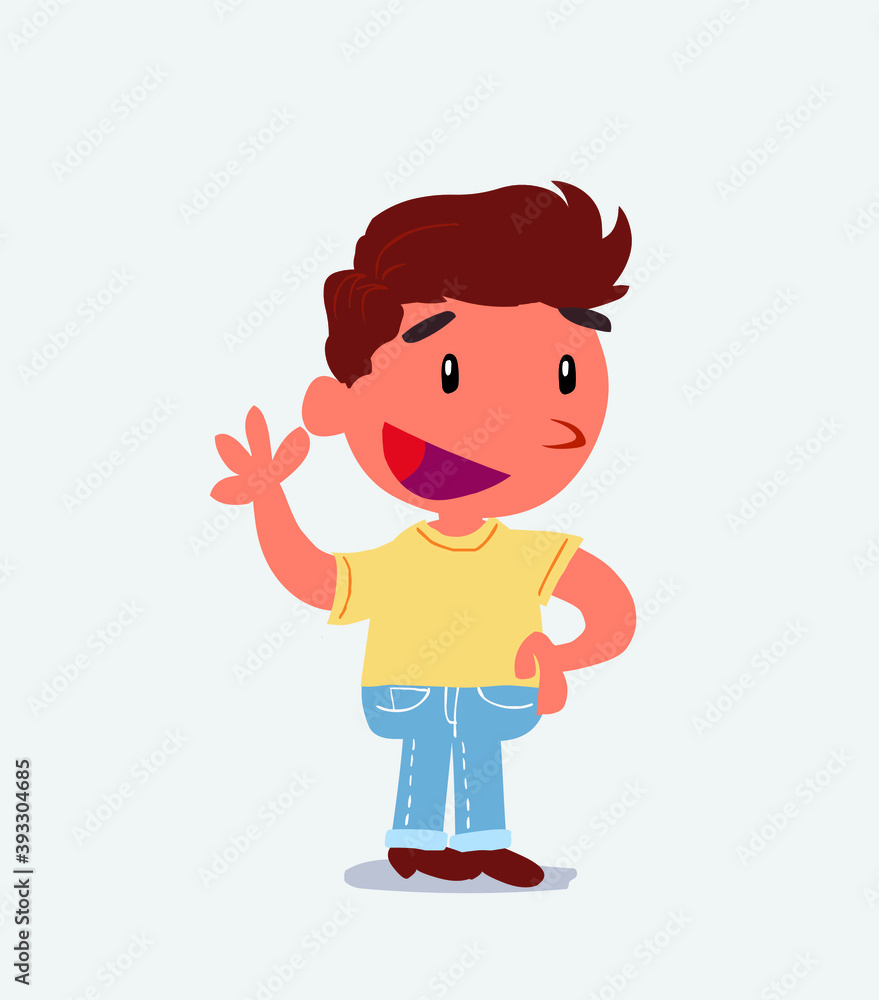 cartoon character of little boy on jeans waving happily cartoon character of little boy on jeans waving happily