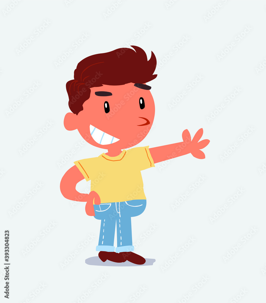Pleased cartoon character of little boy on jeans points to something.