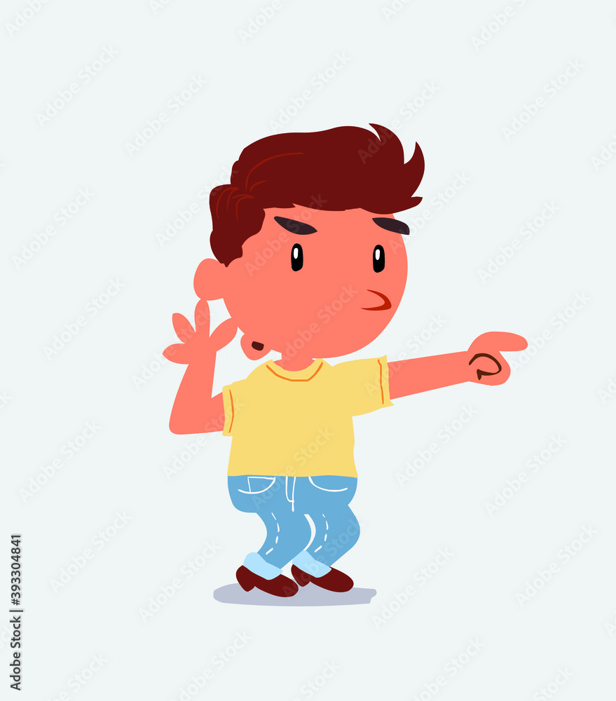 Surprised cartoon character of little boy on jeans points to something Surprised cartoon character of little boy on jeans points to something