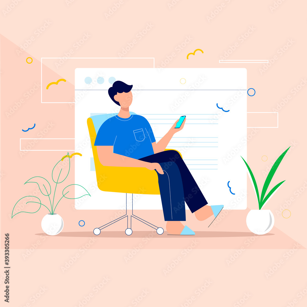 man sits in a chair with a phone in his hand. Internet and communication. Vector illustration.