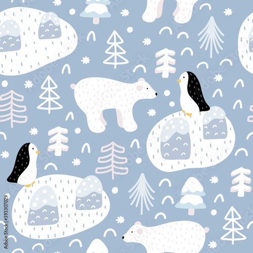 Cute winter seamless pattern with polar bear, Christmas tree, penguin doodles with abstract elements around in Scandinavian style vector illustration.