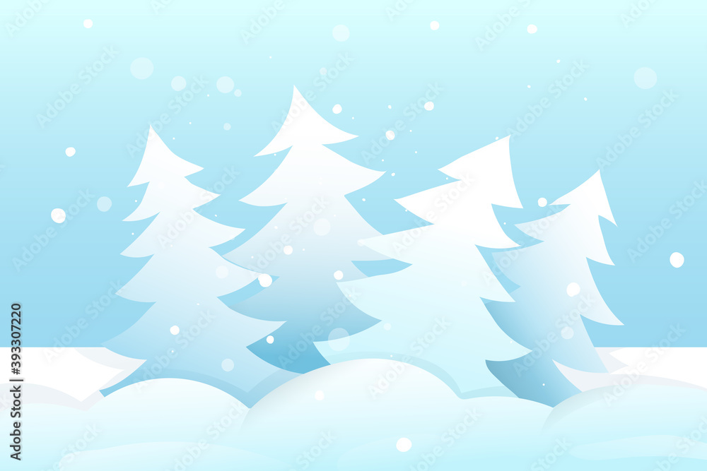 Seasonal Christmas or New Years empty cartoon background with fur trees and snow. Blue colors graphic winter nature scene and snowfall. Vector design.