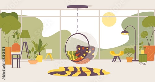 Empty interior with hanging bubble transparent chair, flower pots and elements good for comfortable lifestyle