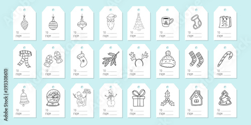 Large set of tags for gift boxes. A collection of labels with Christmas and winter elements hand-drawn in Doodle style. Black and white vector illustration isolated on a white background.