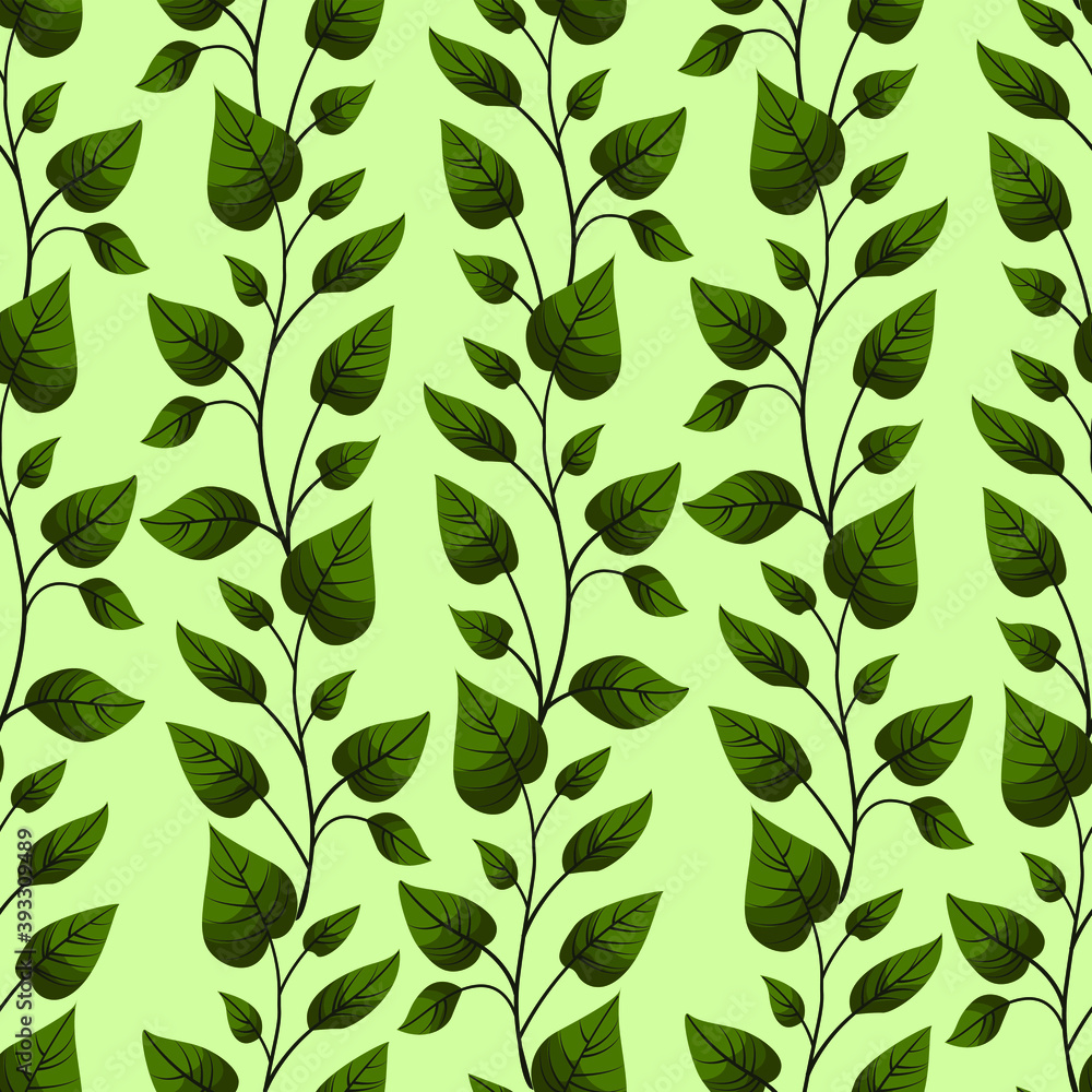 Vector seamless pattern with vertical green foliate twigs; for greeting cards, invitations, posters, banners, wrapping paper.