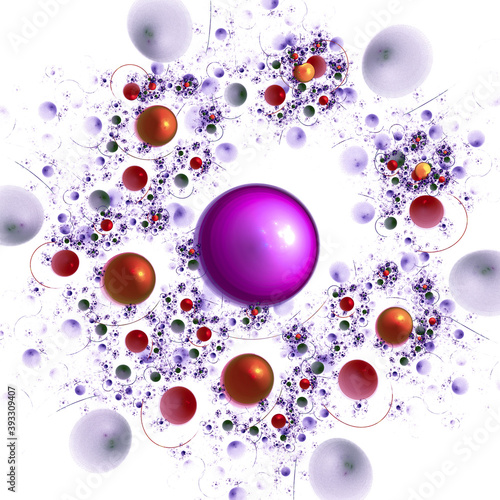 Festive colorful balloons of different sizes, spots and arcs are arranged around a large purple sphere on a white background. Abstract fractal background. 3d rendering. 3d illustration.