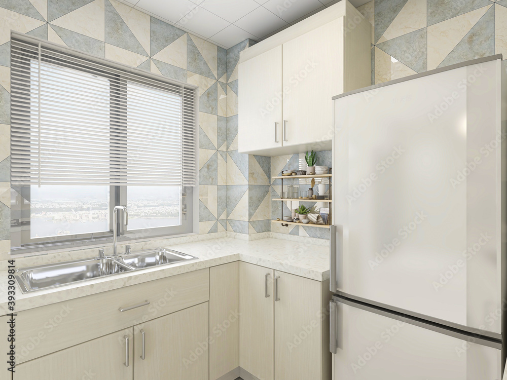 Modern family kitchen design, new cabinets and kitchenware with refrigerators, sunlight from the window. Modern family kitchen design, new cabinets and kitchenware with refrigerators, sunlight from the window.