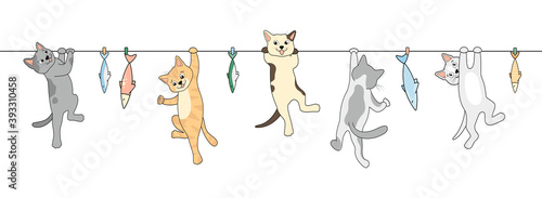 Cats are hanging on a rope. Fish on a string. Cute animal cats cartoon set.