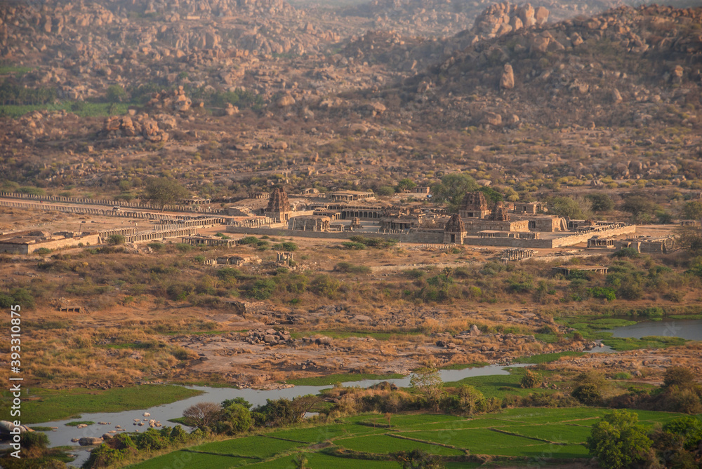 Fototapeta premium Aerial view of Hindu temples in Hampi, a UNESCO World Heritage Site, Karnataka, India
