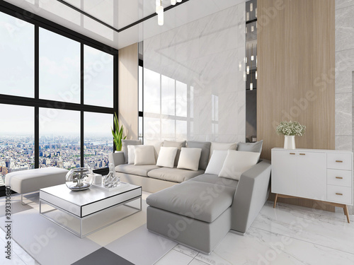 clean and tidy modern living room design, entrance with shoe cabinet, sofa, TV, table, leisure chair and other facilities