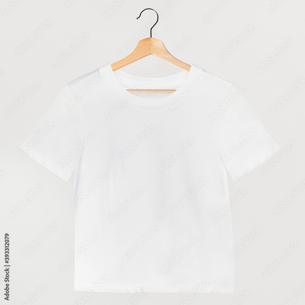 Simple white t-shirt mockup on a wooden hanger Simple white t-shirt mockup on a wooden hanger