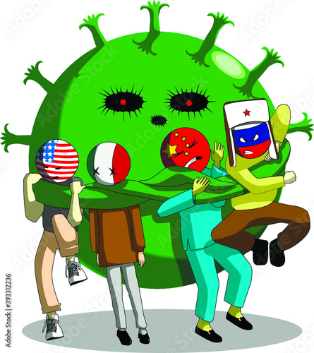 Vector image. The coronavirus tightly embraces four countries: America, Italy, China, Russia.