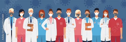 Medical staff of doctors and nurses wearing protective medical masks