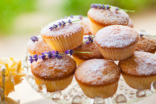 Outdoor studio photo of fresh lavender muffins on a glass plate with bright vivid background. Shallow depth of field, selective focus.