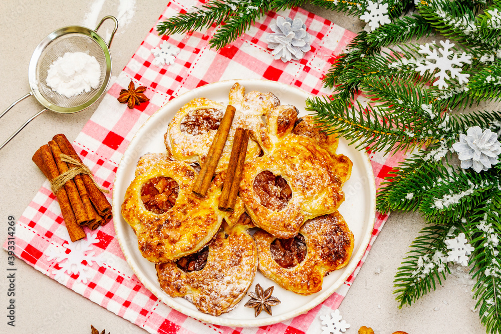 Christmas or New Year sweet apple puffs, fresh homemade bakery Christmas or New Year sweet apple puffs, fresh homemade bakery