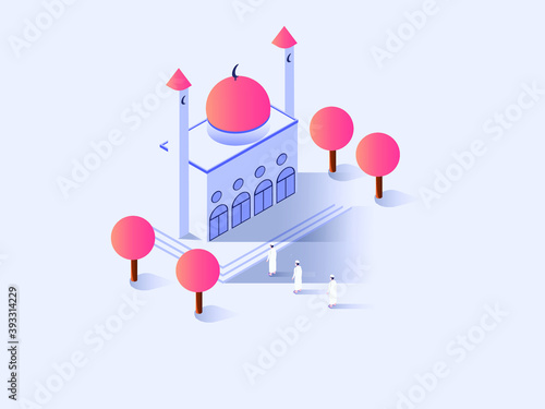 New normal muslim pray vector concept: people with social distancing attending Friday pray at mosque during the corona virus pandemic