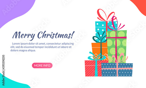 Gift box stack or pile banner. Christmas landing page concept with presents. Vector illustration.