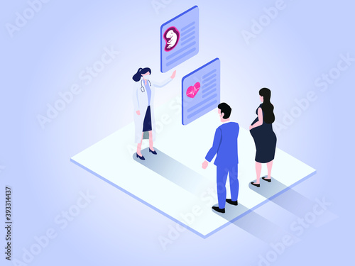 Pregnant woman and husband visiting obstetrician during corona virus outbreak vector concept