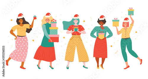 Happy young women of different nationalities in Santa hats hold new year and Christmas gifts. Positive female characters with a stack of presents isolated on white. Holiday shopping and seasonal sale.