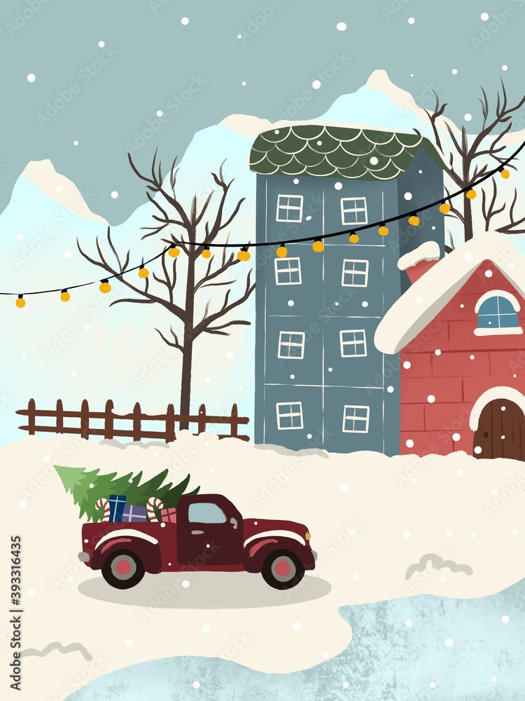 Winter and car. Christmas tree 