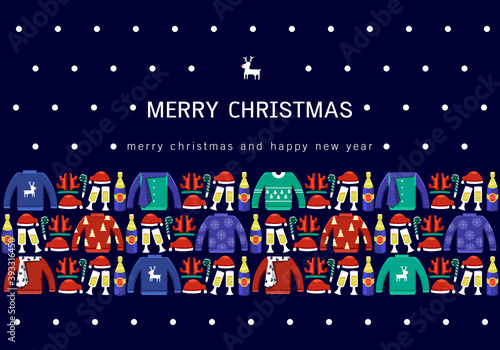 Illustration vector banner or invitation card for happy ugly christmas sweater party with friend or family concept