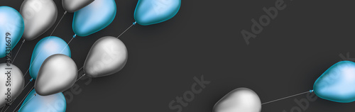 Silver and blue foil balloons with threads on black background.