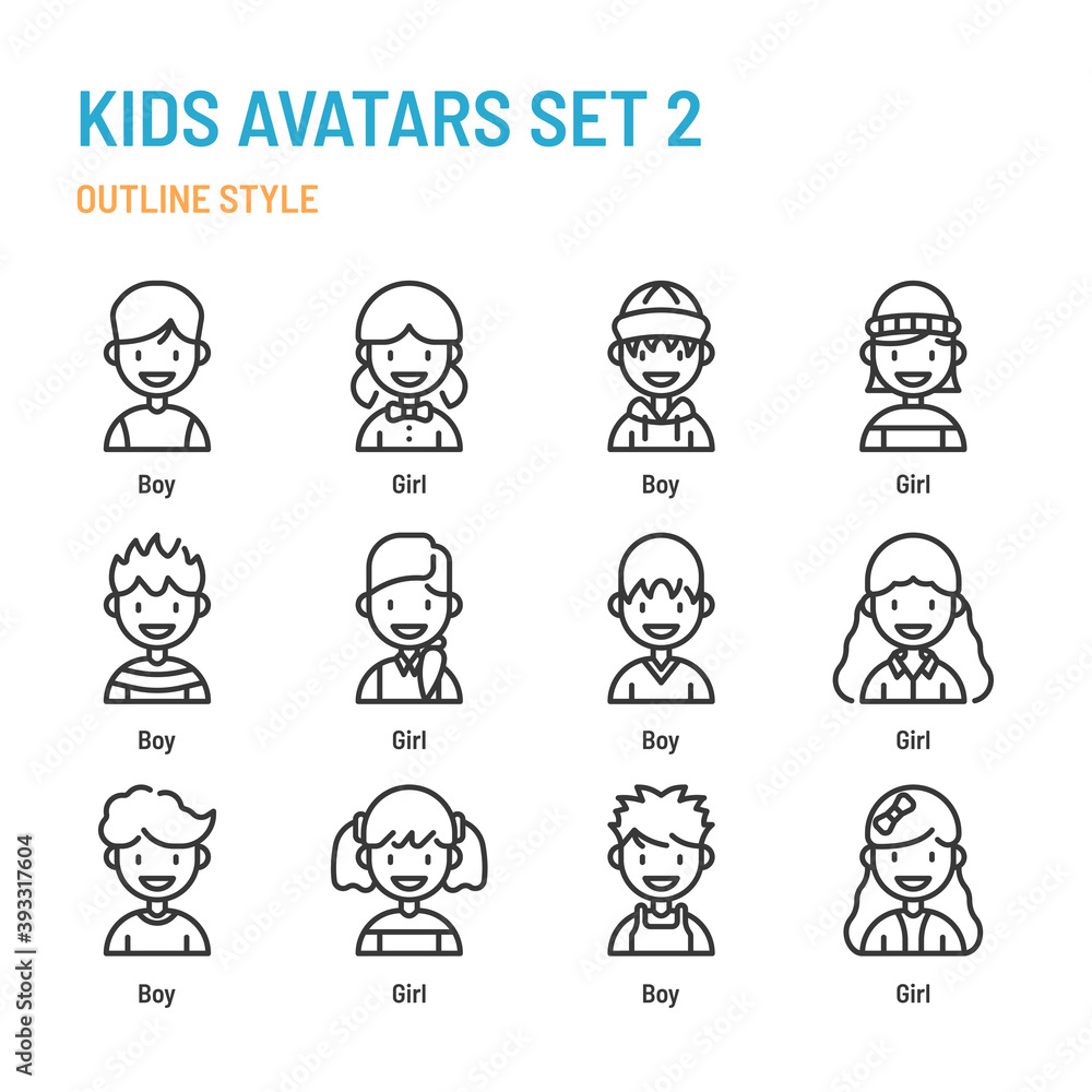 Kids avatars in outline icon and symbol set Kids avatars in outline icon and symbol set