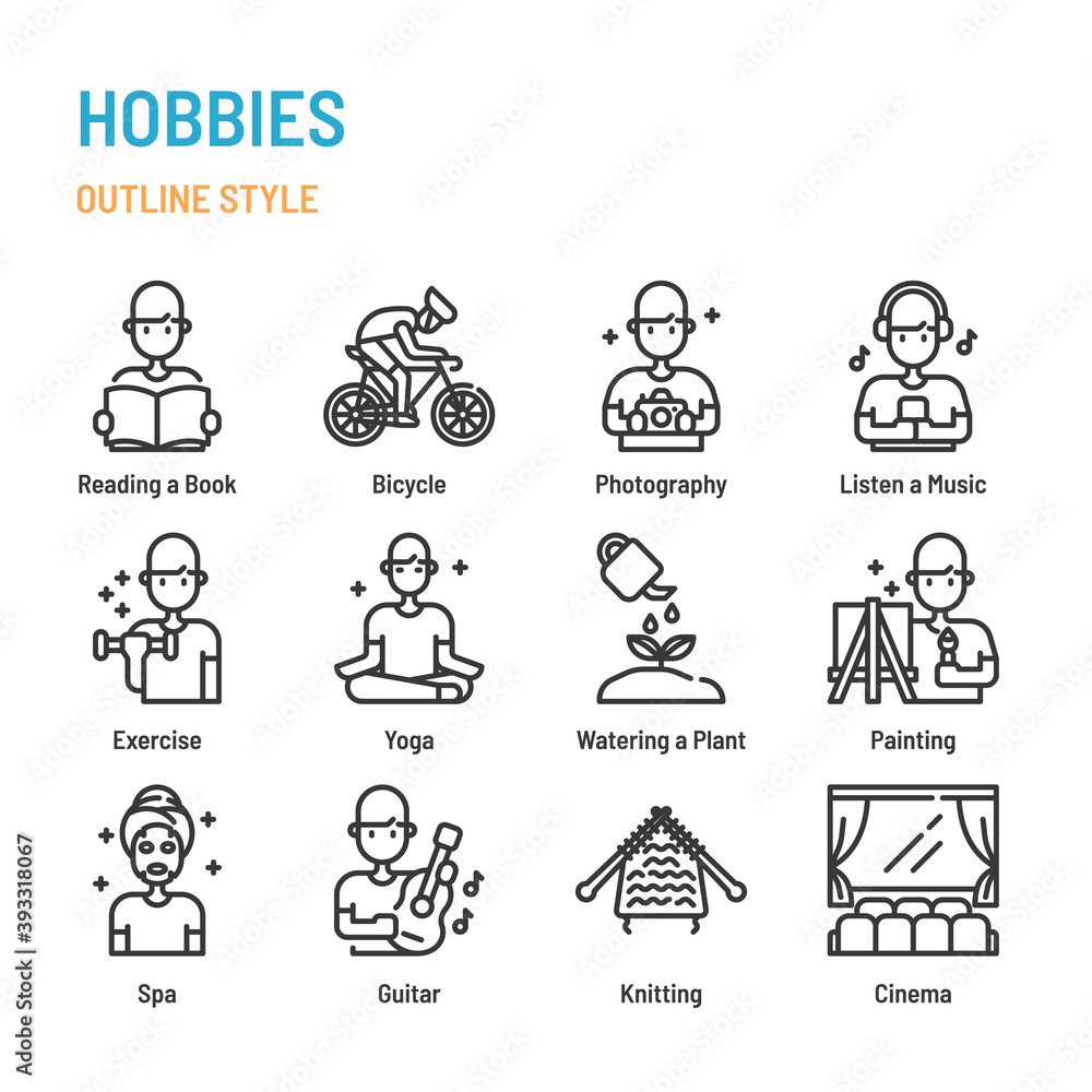 Hobbies in outline icon and symbol set Hobbies in outline icon and symbol set