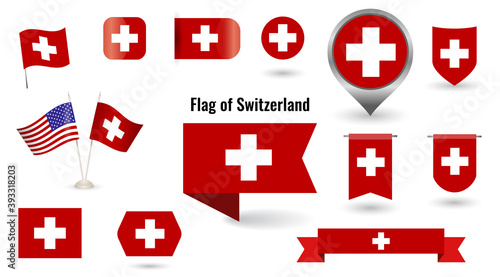 The Flag of Switzerland. Big set of icons and symbols. Square and round Switzerland flag. Collection of different flags of horizontal and vertical. vector illustration. © kornetka