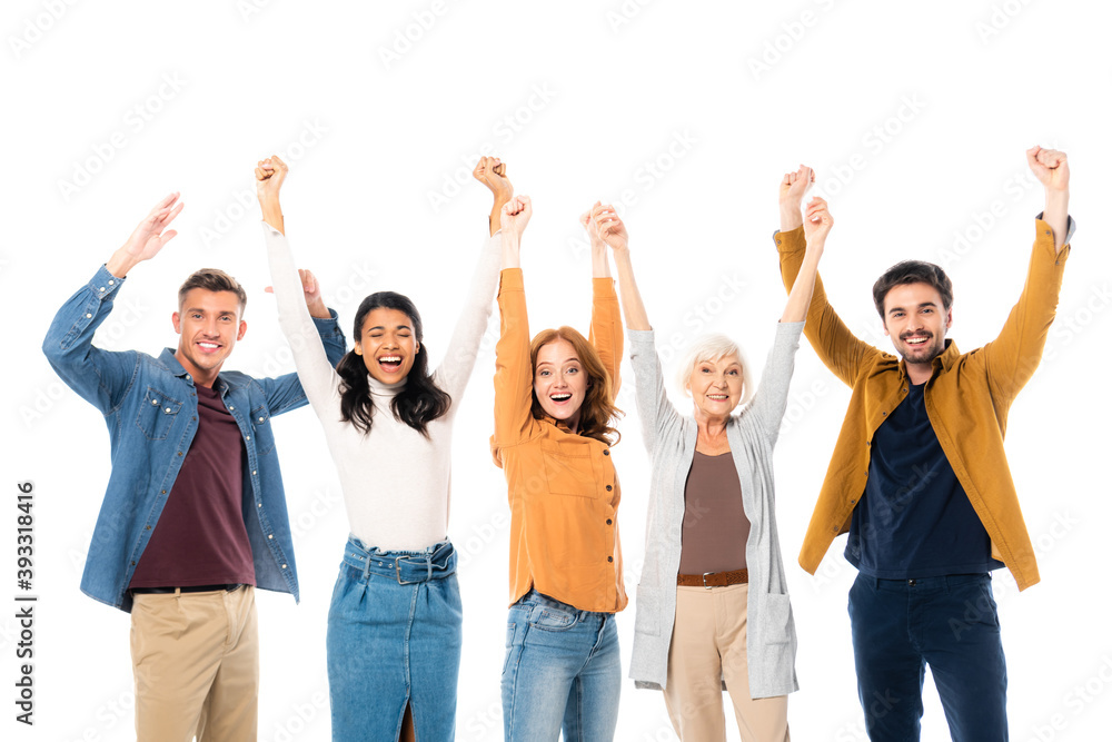 Smiling multicultural people looking at camera while showing yes gesture isolated on white Smiling multicultural people looking at camera while showing yes gesture isolated on white