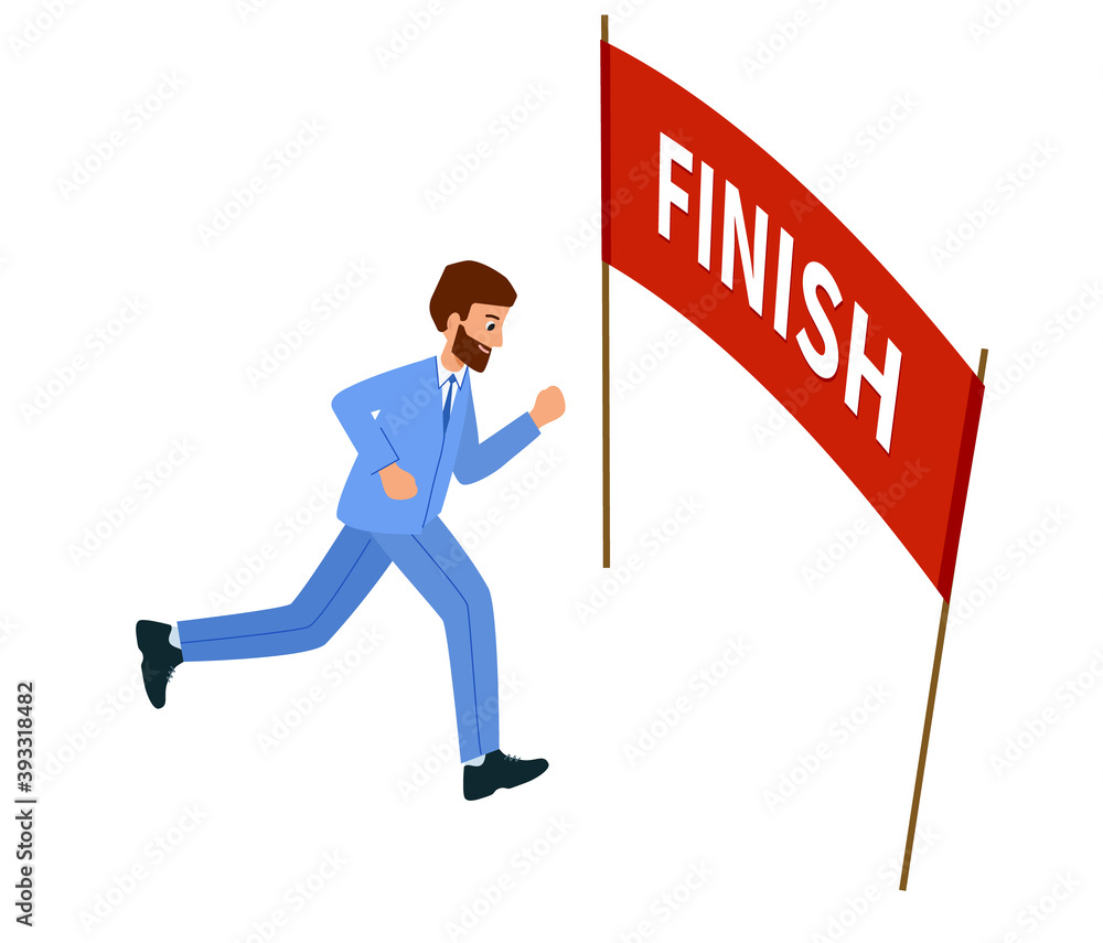 Businessman running the goal, Reached the finish line. Concept of overcoming difficulties and achieving goals. vector illustration in modern flat style.